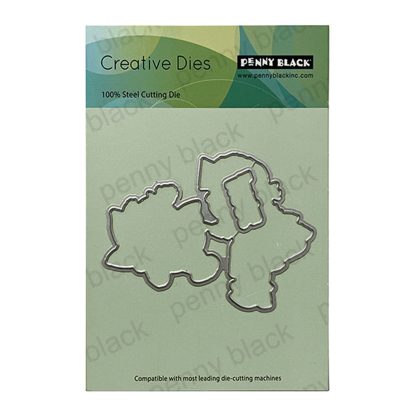 Penny Black Creative Dies on a green card with product details.