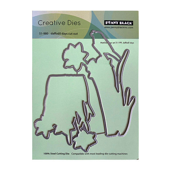 Penny Black Creative Dies for daffodil days cut out on a green background