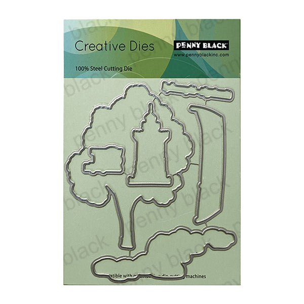 Penny Black Creative Dies with metal die cut shapes on a green and blue background