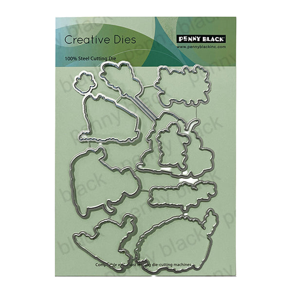 Set of metal dies on a green card with 'Penny Black' branding