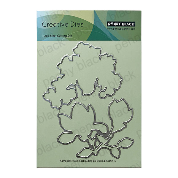 Metallic floral die set on a green packaging with 'Penny Black' branding.