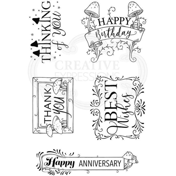 Collection of black and white text designs with decorative elements on a white background