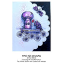 Greeting card with purple mushroom, frog, and dragonfly design on a white background with 'Pink Ink Designs' branding.