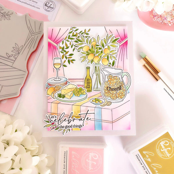 Colorful card with illustrations of a table setting, flowers, and 'Let's celebrate' text on a white background.