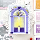 Decorative card with a purple arch and floral design on a white background