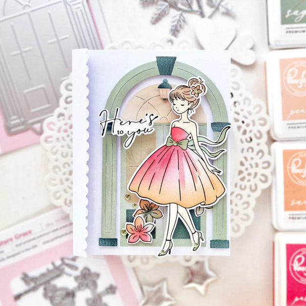 Card with a decorative design featuring a woman in a dress and text on a white background.
