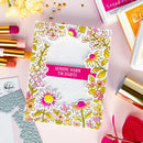 Floral card with 'Sending Warm Thoughts' text surrounded by stationery items on a pink background
