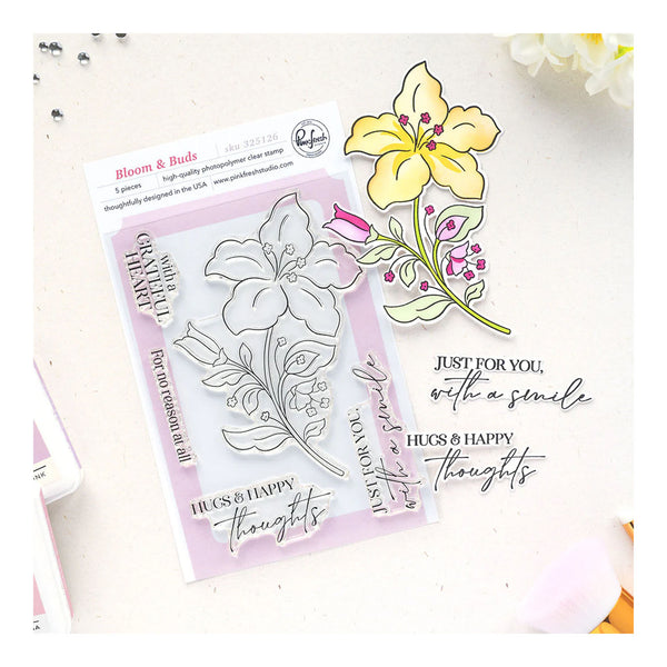 Floral clear stamps with decorative text on a white background