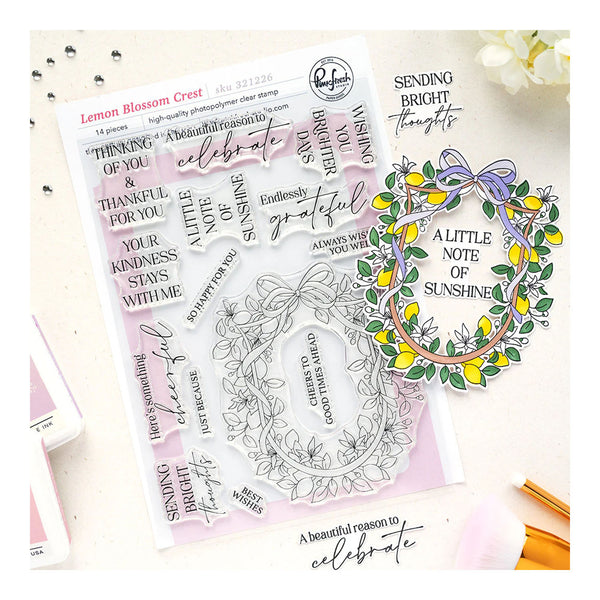 Clear stamps with floral and text designs on a white background