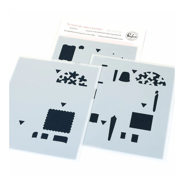 Three sheets of black and white stencils on a white background