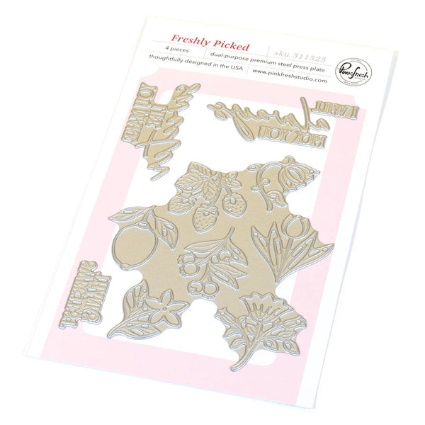 Metal die cut shapes on a pink card with 'Freshly Picked' branding.