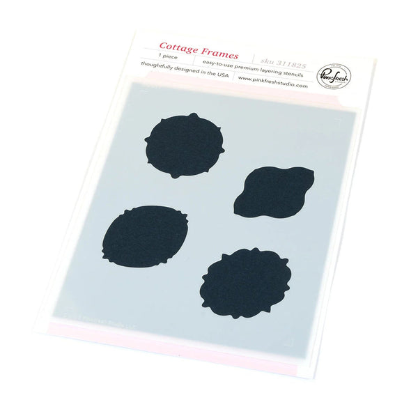 Set of black cottage frame stencils on a clear sheet with 'Pinkfresh Studio' branding.
