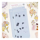Set of floral and nature-themed stencils on a light blue background with decorative flowers around.
