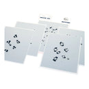 Set of four white sheets with black footprint prints on a white background