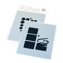 Two sheets of black patterned stencils on a white background with packaging above.