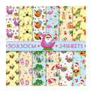 Set of 24 festive-themed paper sheets with various designs including flamingos, Santa Claus, and Christmas trees.