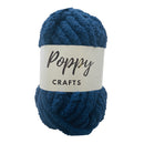 Blue yarn ball with 'Poppy Crafts' label on a white background