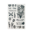 Clear stamp set with tulip designs and text on a white background