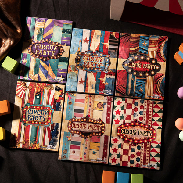 Colorful 'Circus Party' invitations on a dark background