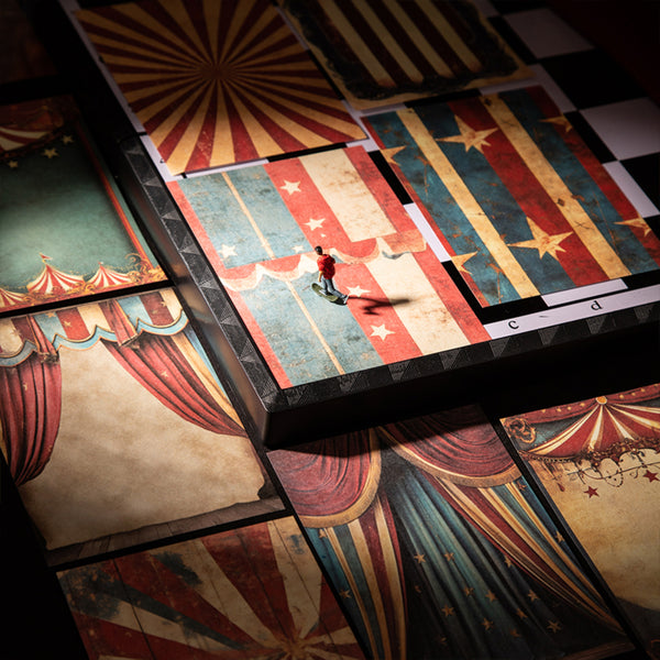 Circus-themed puzzle with a person standing on a colorful puzzle piece.