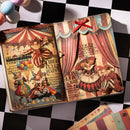 Open book with circus-themed illustrations on a checkered background