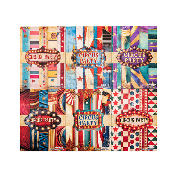 Circus-themed party paper with colorful patterns and 'Circus Party' text.