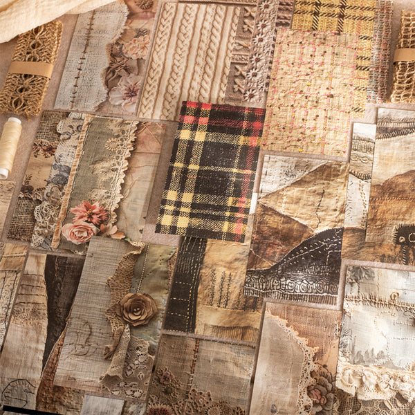 Collage of various textured fabric patches with floral and lace elements.