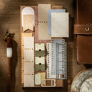 Collection of leather samples and tools on a wooden surface