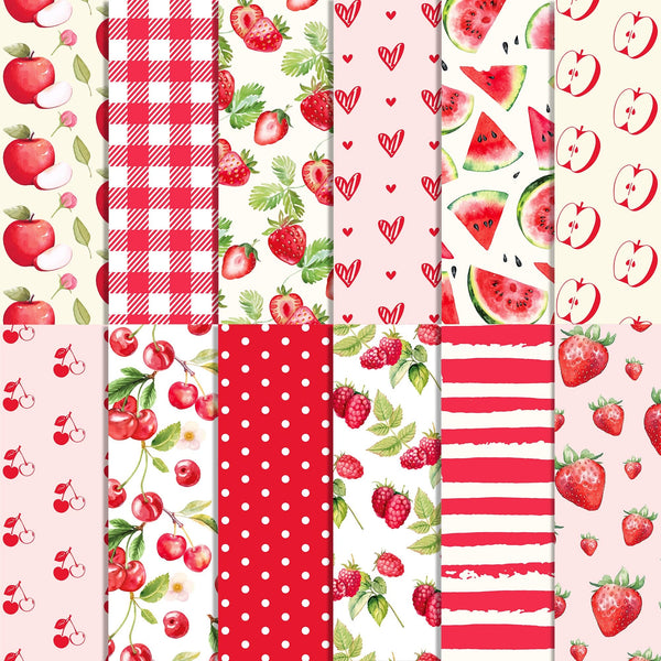 Collection of red and pink patterned paper designs featuring fruits and polka dots.