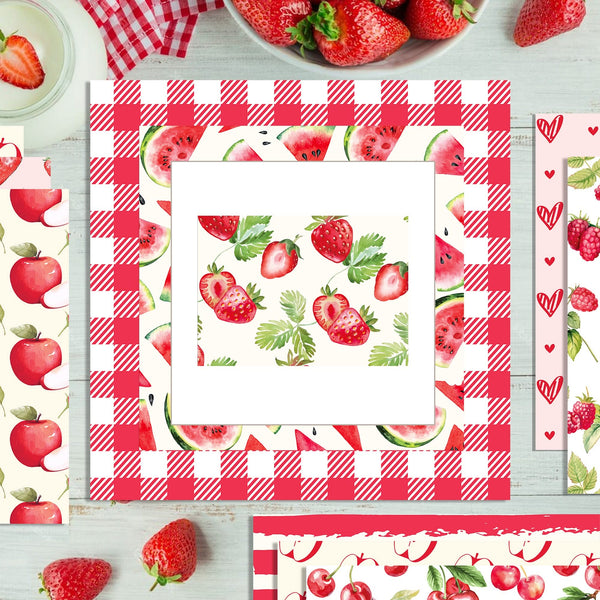 Set of placemats with strawberry and watermelon pattern on a checkered border