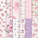 Collection of floral and vintage-themed paper patterns in pink, purple, and white.