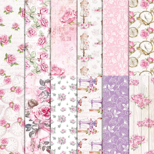 Collection of floral and vintage-themed paper patterns in pink, purple, and white.
