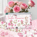Decorative calendar with 'Tender Memories' text and floral design, surrounded by pink roses.