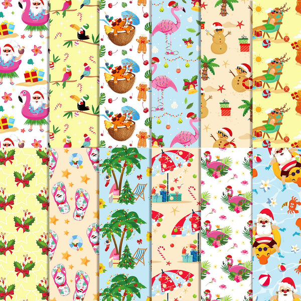 Collection of various festive and tropical patterned paper designs.