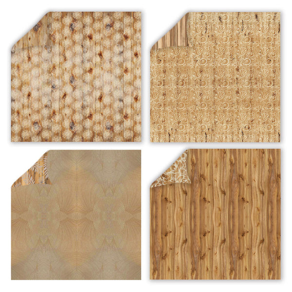 Four different textures of wood or cork material arranged in a grid.