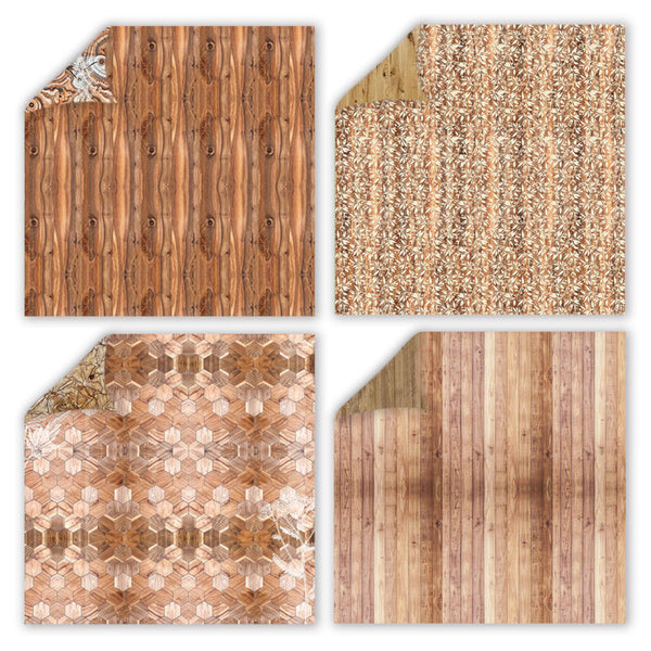 Four different wood-patterned materials on a white background