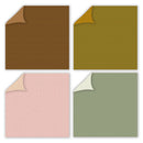 Four fabric swatches in brown, green, pink, and green on a white background