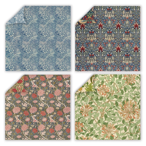 Four different patterns of fabric swatches on a white background