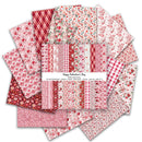Collection of Valentine's Day themed fabric swatches with various patterns on a white background.