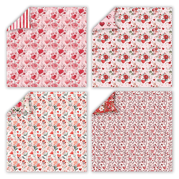Set of four fabric swatches with floral and heart patterns on a white background