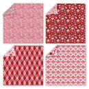 Four different patterns of red and white fabric swatches.