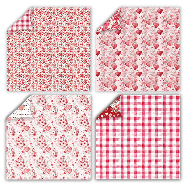 Set of four fabric swatches with red and white patterns