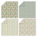 Four different floral and striped patterned paper sheets on a white background