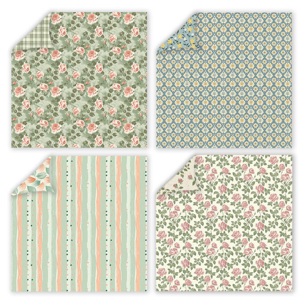 Four different floral and striped patterned paper sheets on a white background