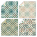 Four fabric swatches with geometric patterns on a white background