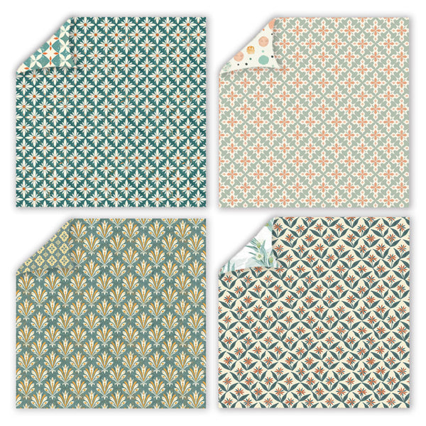 Four fabric swatches with geometric patterns on a white background