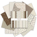 Collection of patterned paper sheets with a central packaging labeled 'Antique White'.
