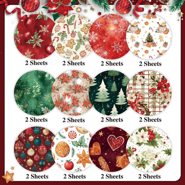 Collection of Christmas-themed fabric swatches with various patterns on a white background.