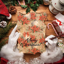 Decorative Christmas card with poinsettias and 'Merry Christmas!' text, held by hands in white gloves on a festive background.