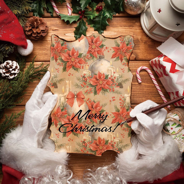 Decorative Christmas card with poinsettias and 'Merry Christmas!' text, held by hands in white gloves on a festive background.